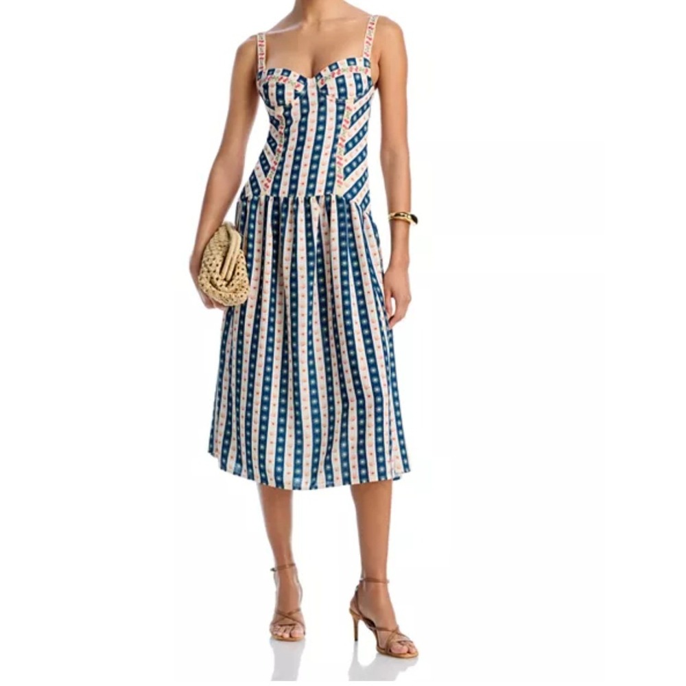 Agua Bendita Rayna 2 Midi Dress Blue White Floral Sun Stripe Size L NEW Resort
